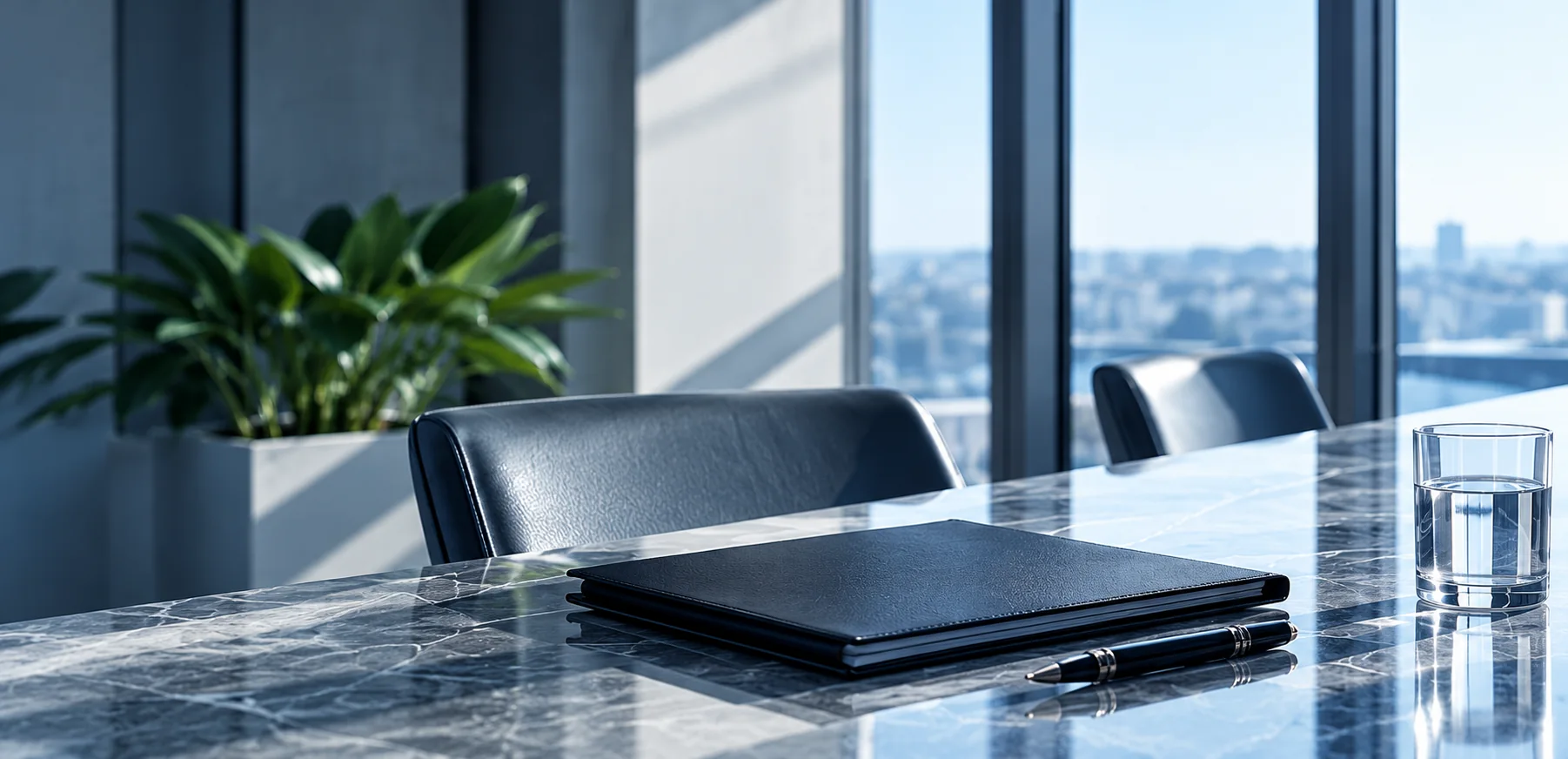 Table de réunion dans un bureau lumineux, avec dossier et stylo