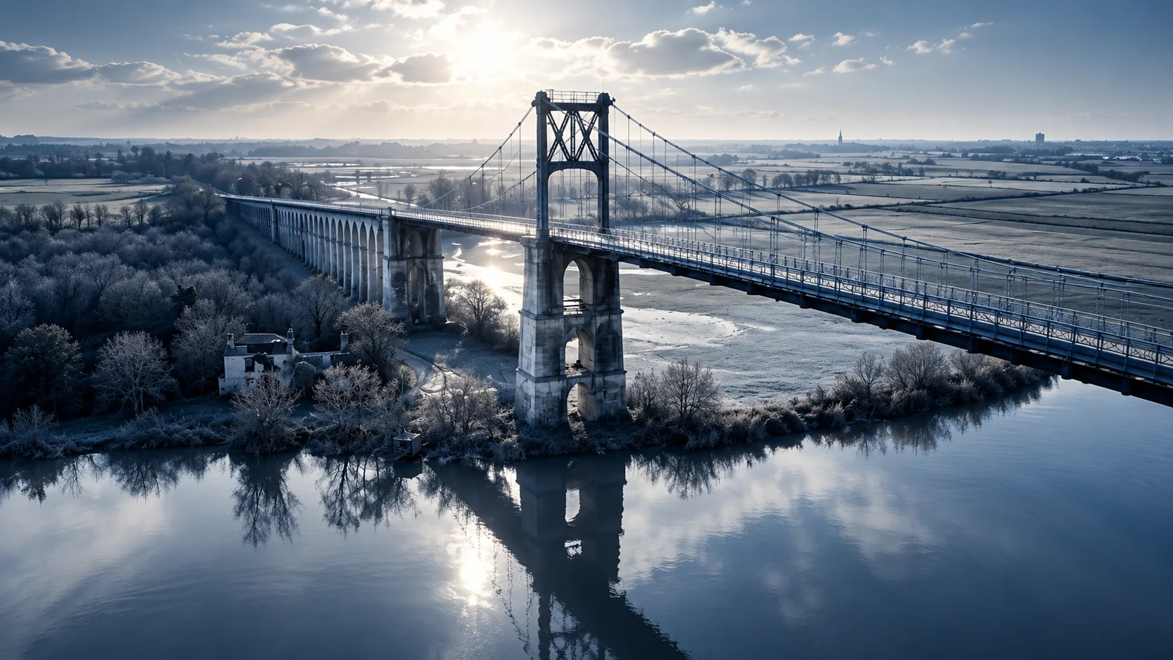 Pont suspendu au-dessus du fleuve dans une lumière bleutée
